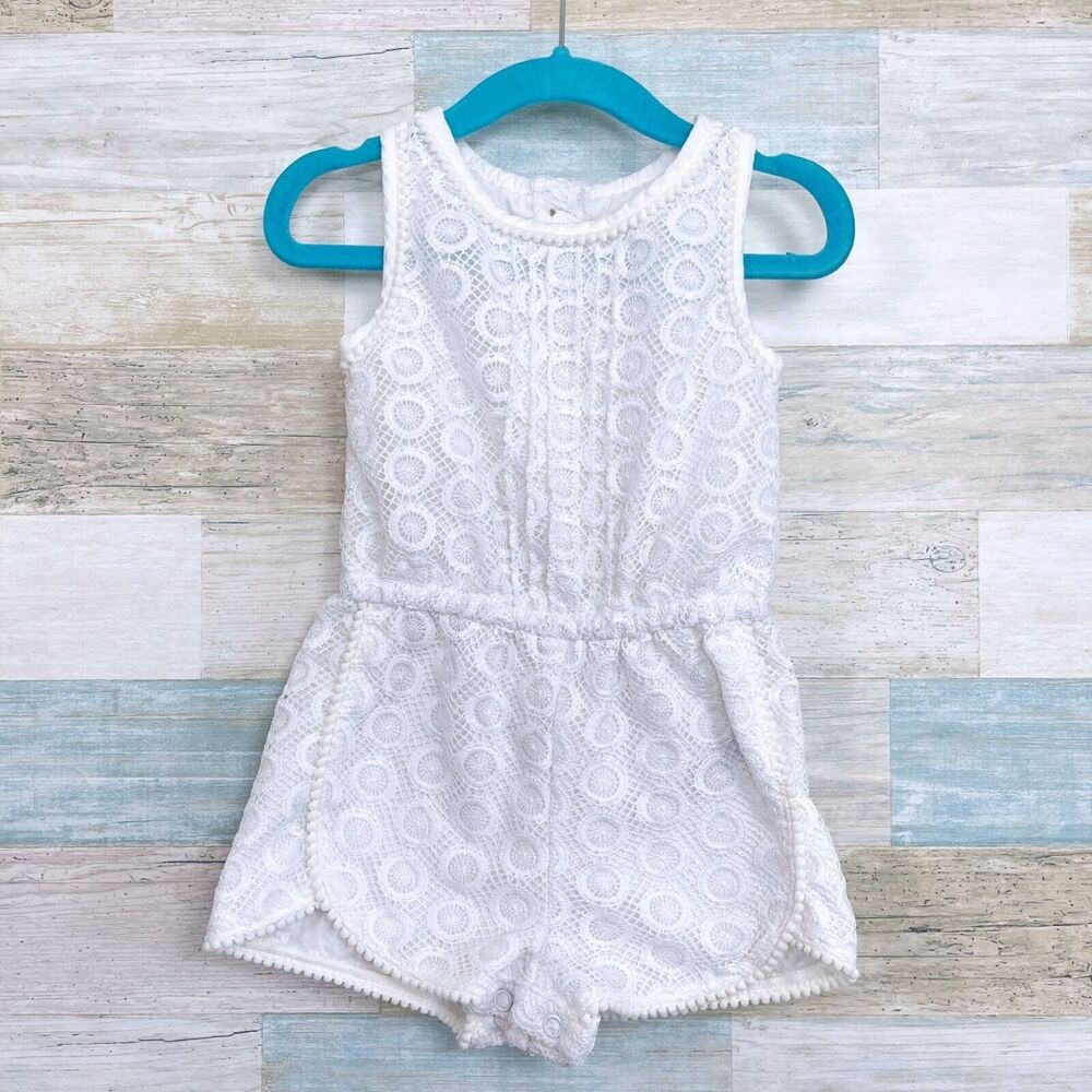Genuine Kids OshKosh Lace Pom Trim Romper White Dolphin Hem Baby Girls 18M